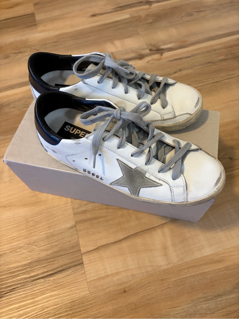 Golden Goose White Leather Sneakers with Gray Star and Black Heel